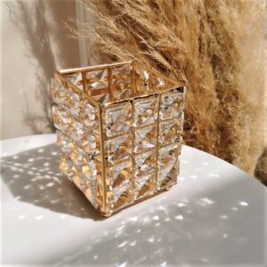 Ozdobna złota szkatułka glamour QUART - błyszczący szklany pojemnik świecznik z kryształkami