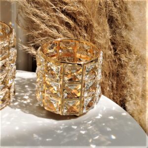 Ozdobna złota szkatułka glamour CASSIE - błyszczący szklany pojemnik świecznik z kryształkami 9x9