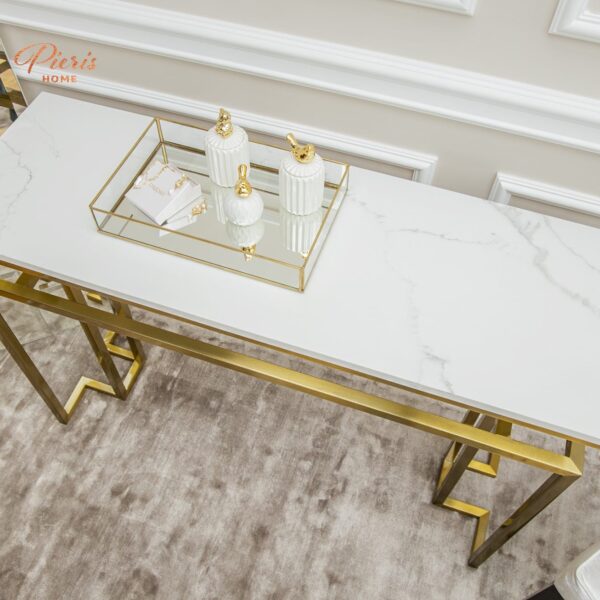 Zestaw ALICE stolik kawowy, boczny i konsola - złoty nowojorski glamour białe szkło