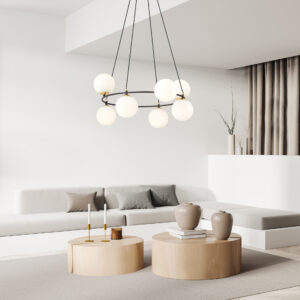 Lampa sufitowa wisząca nowoczesna minimalistyczna AZURA 8 czarna klosze kule biel opal